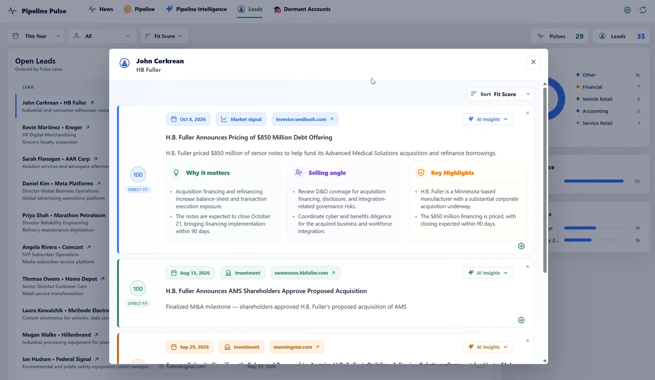 Pulse news for a lead at H.B. Fuller, showing scored signal cards for a debt offering and an acquisition approval, with AI Insights expanded into why it matters, selling angle, and key highlights