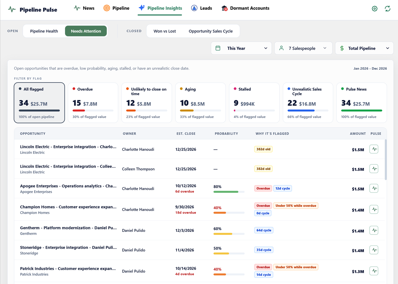 Needs Attention dashboard showing overdue, aging, stalled, unrealistic-cycle, and other flagged Dynamics 365 opportunities