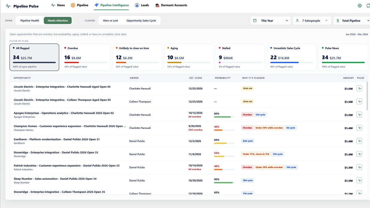 Needs Attention view showing overdue, aging, stalled, unrealistic-cycle, and other flagged Dynamics 365 opportunities